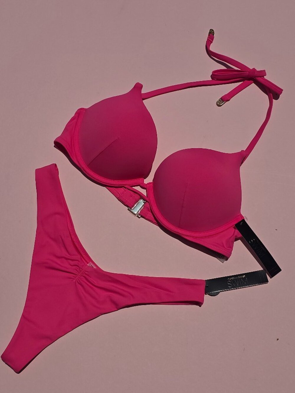 Victoria's Secret Swim Bombshell Push Up Top Thong Set Pink NWT adds + 2 cups